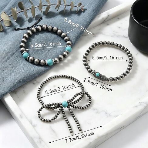 ASIJUNTYECHO Navajo Pearl Bracelet, 3Pcs Vintage Boho Bow Denim Western Bracelet Stack, Cowgirl Jewelry for Women, Boho Accessories with Western Turquoise Style in Saudi Arabia