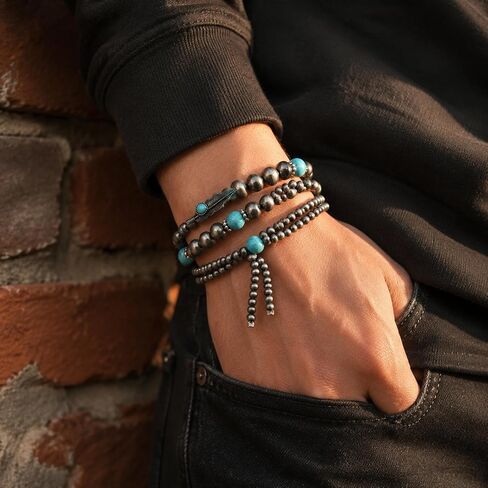 ASIJUNTYECHO Navajo Pearl Bracelet, 3Pcs Vintage Boho Bow Denim Western Bracelet Stack, Cowgirl Jewelry for Women, Boho Accessories with Western Turquoise Style in Saudi Arabia