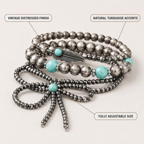ASIJUNTYECHO Navajo Pearl Bracelet, 3Pcs Vintage Boho Bow Denim Western Bracelet Stack, Cowgirl Jewelry for Women, Boho Accessories with Western Turquoise Style in Saudi Arabia