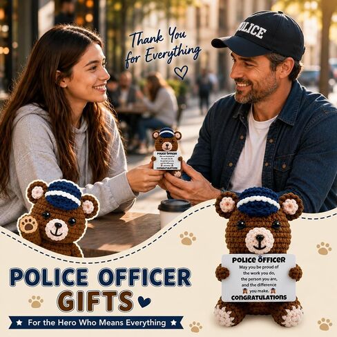Police Officer Gifts, Handmade Positive Crochet Bear Stuffed Animal Police Academy Graduation Appreciation Gifts for Men Officer Cop Sheriff Patrol Uniform Birthday Accessories Decoration in Saudi Arabia