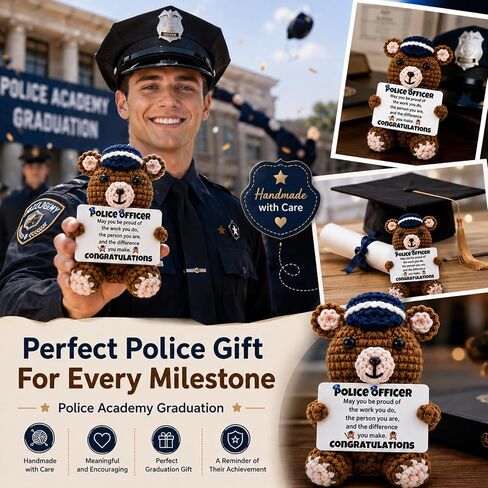 Police Officer Gifts, Handmade Positive Crochet Bear Stuffed Animal Police Academy Graduation Appreciation Gifts for Men Officer Cop Sheriff Patrol Uniform Birthday Accessories Decoration in Saudi Arabia