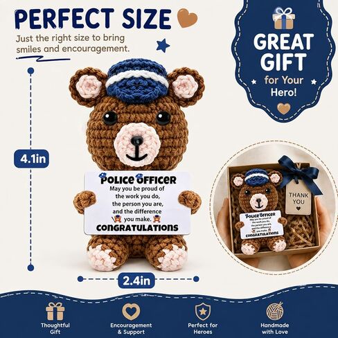 Police Officer Gifts, Handmade Positive Crochet Bear Stuffed Animal Police Academy Graduation Appreciation Gifts for Men Officer Cop Sheriff Patrol Uniform Birthday Accessories Decoration in Saudi Arabia