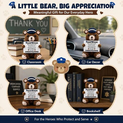 Police Officer Gifts, Handmade Positive Crochet Bear Stuffed Animal Police Academy Graduation Appreciation Gifts for Men Officer Cop Sheriff Patrol Uniform Birthday Accessories Decoration in Saudi Arabia