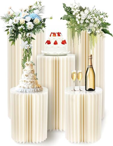 5 Pcs Foldable White Cylinder Stands for Party, 31.5", 23.6", 15.7" Height Portable Cake Pedestal Stand with Clear Acrylic Plate, Cake Cylinder Stand for Wedding Banquet Decor in Saudi Arabia