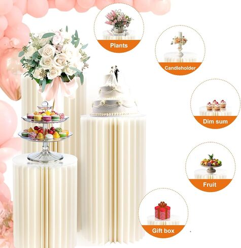 5 Pcs Foldable White Cylinder Stands for Party, 31.5", 23.6", 15.7" Height Portable Cake Pedestal Stand with Clear Acrylic Plate, Cake Cylinder Stand for Wedding Banquet Decor in Saudi Arabia