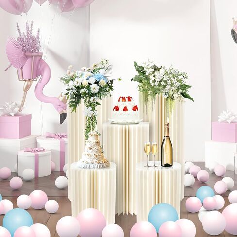 5 Pcs Foldable White Cylinder Stands for Party, 31.5", 23.6", 15.7" Height Portable Cake Pedestal Stand with Clear Acrylic Plate, Cake Cylinder Stand for Wedding Banquet Decor in Saudi Arabia