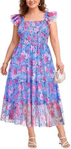 RITERA Plus Size Dresses Women Summer Tulle Smocked Midi Dress Sleeveless Ruffle Mesh Party Wedding Sundress XL-5XL in Kuwait