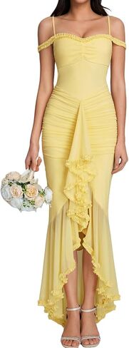 Colysmo Ruffle Ruched Maxi Dress Bodycon Slit Long Formal Cocktail Wedding Guest Dresses for Women in Saudi Arabia