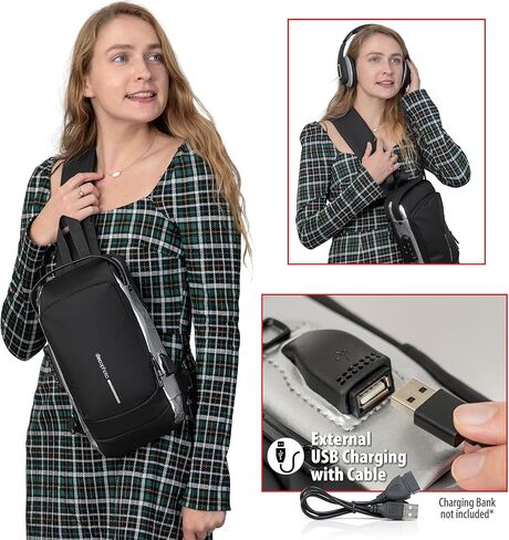 Sling Backpack with Anti-Theft Combo Zipper Lock, External USB Charging Port, Waterproof Shoulder Bag, Daypack for Men and Women, Black in Saudi Arabia