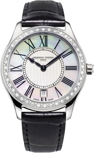 Frederique Constant Ladies Swiss Quartz Classics Diamond Silver-Tone Stainless Steel Watch with Black Leather Strap, Style: FC-220MPW3BD26 in Saudi Arabia