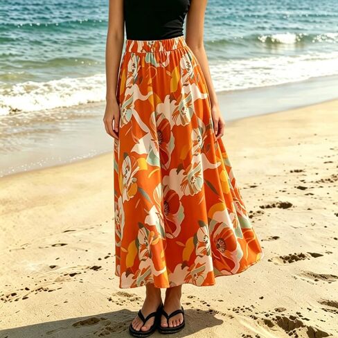 Women's Flowy Floral Chiffon Skirt High Waist Flared Maxi Long Skirts Casual for Summer Beach in Saudi Arabia