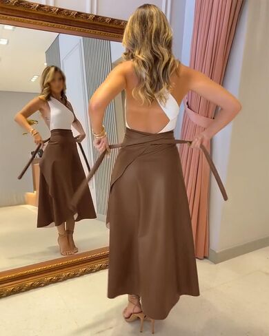 Womens PU Leather Wrap Midi Skirt Asymmetrical Hem Tie Waist Business Casual Wear in Kuwait
