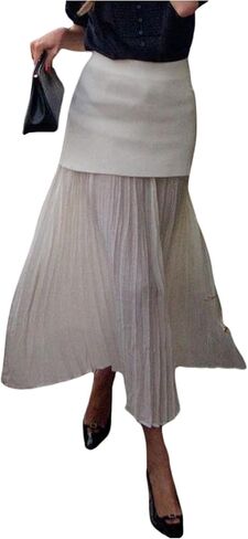 SOLY HUX Women's Elegant Mesh Pleated Long Skirt High Waisted Office Business Casual Flowy Skirts in Kuwait