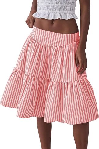 Wanzetaly Women's Casual Striped Skirts Cotton Midi Skirt A Line Elastic Back Waist Ruffle Skirt in Kuwait