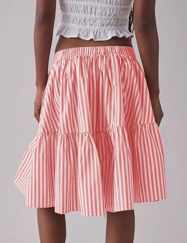 Wanzetaly Women's Casual Striped Skirts Cotton Midi Skirt A Line Elastic Back Waist Ruffle Skirt in Kuwait