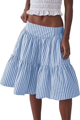 Wanzetaly Women's Casual Striped Skirts Cotton Midi Skirt A Line Elastic Back Waist Ruffle Skirt in Saudi Arabia