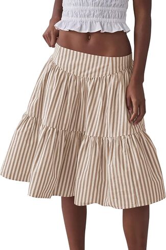 Wanzetaly Women's Casual Striped Skirts Cotton Midi Skirt A Line Elastic Back Waist Ruffle Skirt in Kuwait