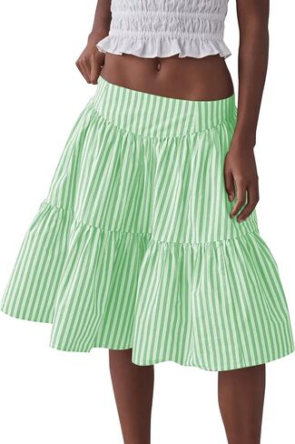 Wanzetaly Women's Casual Striped Skirts Cotton Midi Skirt A Line Elastic Back Waist Ruffle Skirt in Kuwait
