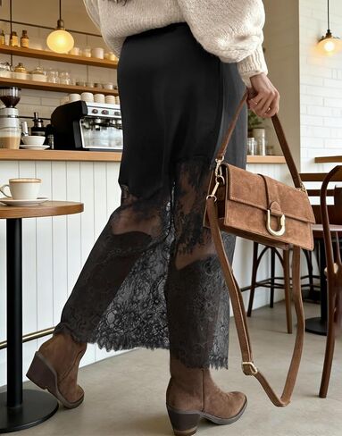 Women's High Waisted Lace Panel Maxi Skirt Trendy Sheer Mesh Long Work Skirt in Saudi Arabia
