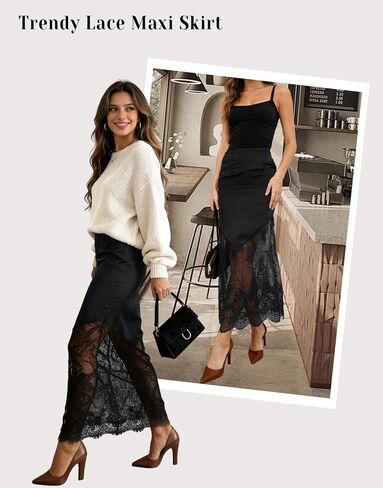 Women's High Waisted Lace Panel Maxi Skirt Trendy Sheer Mesh Long Work Skirt in Saudi Arabia