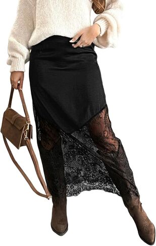 Women's High Waisted Lace Panel Maxi Skirt Trendy Sheer Mesh Long Work Skirt in Saudi Arabia