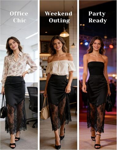 Women's High Waisted Lace Panel Maxi Skirt Trendy Sheer Mesh Long Work Skirt in Saudi Arabia