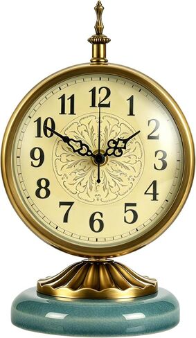 Vintage Gold Desk Clock with Teal Ceramic Base 6.5Round Table Clock, Silent Non-Ticking, Antique Battery Operated Clock for Bedroom, Living Room, Office Decor in Saudi Arabia