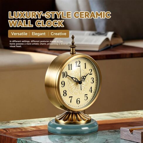 Vintage Gold Desk Clock with Teal Ceramic Base 6.5Round Table Clock, Silent Non-Ticking, Antique Battery Operated Clock for Bedroom, Living Room, Office Decor in Saudi Arabia