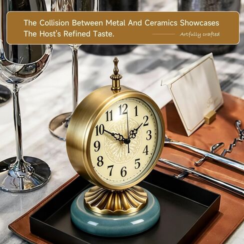 Vintage Gold Desk Clock with Teal Ceramic Base 6.5Round Table Clock, Silent Non-Ticking, Antique Battery Operated Clock for Bedroom, Living Room, Office Decor in Saudi Arabia