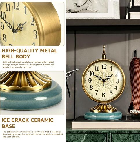 Vintage Gold Desk Clock with Teal Ceramic Base 6.5Round Table Clock, Silent Non-Ticking, Antique Battery Operated Clock for Bedroom, Living Room, Office Decor in Saudi Arabia
