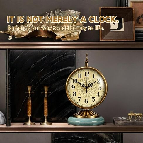 Vintage Gold Desk Clock with Teal Ceramic Base 6.5Round Table Clock, Silent Non-Ticking, Antique Battery Operated Clock for Bedroom, Living Room, Office Decor in Saudi Arabia