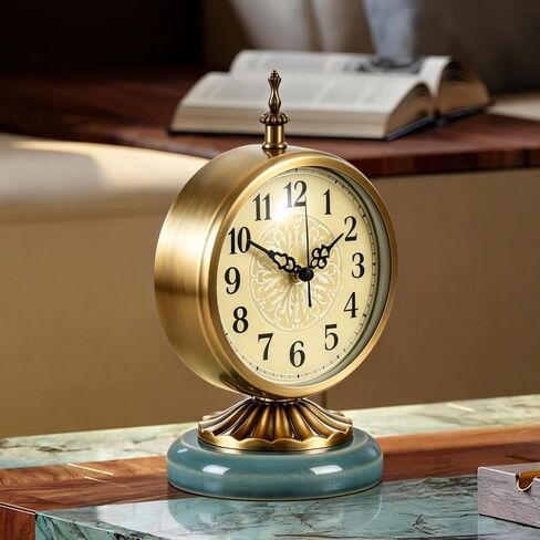 Vintage Gold Desk Clock with Teal Ceramic Base 6.5Round Table Clock, Silent Non-Ticking, Antique Battery Operated Clock for Bedroom, Living Room, Office Decor in Saudi Arabia