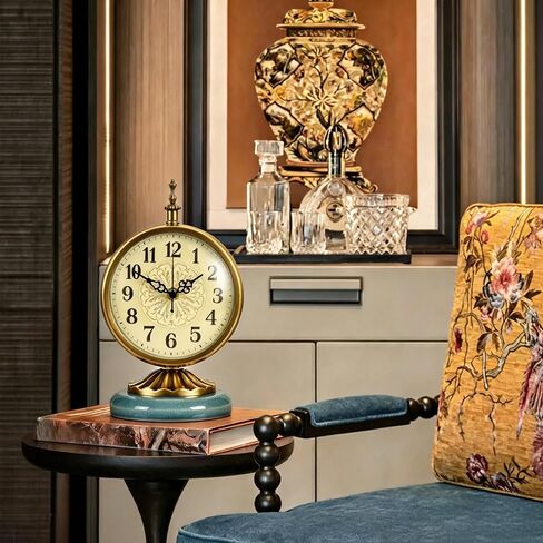 Vintage Gold Desk Clock with Teal Ceramic Base 6.5Round Table Clock, Silent Non-Ticking, Antique Battery Operated Clock for Bedroom, Living Room, Office Decor in Saudi Arabia