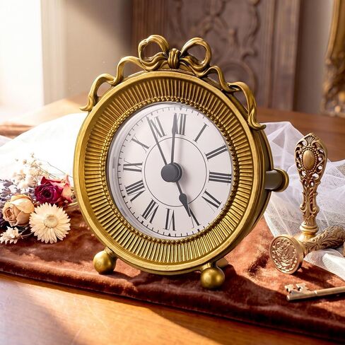 Vintage Gold Table Clocks with Bow Elegant Metal Desktop Clocks for Home Decor Decorative Shelf Clock for Living Room Bedroom Bedside Gift in Kuwait