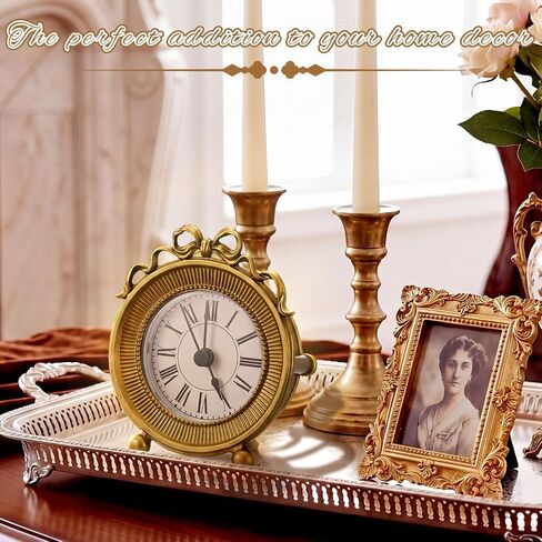Vintage Gold Table Clocks with Bow Elegant Metal Desktop Clocks for Home Decor Decorative Shelf Clock for Living Room Bedroom Bedside Gift in Kuwait