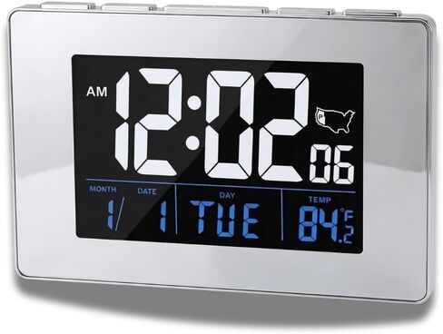 Atomic Digital Clock with Large White Numbers, AC Powered for Continuous Illumination, Alarm & Snooze, Date/Day/Indoor Temperature, USB Charging Port, Desk Clock for Office or Kitchen in Saudi Arabia