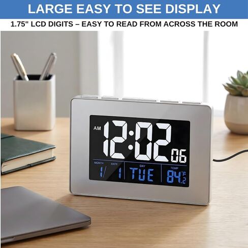 Atomic Digital Clock with Large White Numbers, AC Powered for Continuous Illumination, Alarm & Snooze, Date/Day/Indoor Temperature, USB Charging Port, Desk Clock for Office or Kitchen in Saudi Arabia