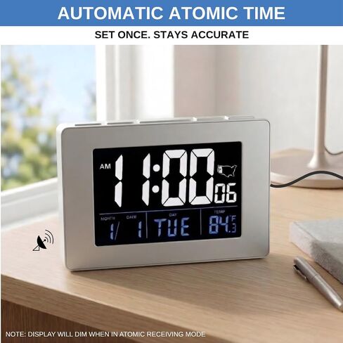 Atomic Digital Clock with Large White Numbers, AC Powered for Continuous Illumination, Alarm & Snooze, Date/Day/Indoor Temperature, USB Charging Port, Desk Clock for Office or Kitchen in Saudi Arabia