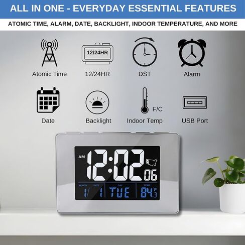 Atomic Digital Clock with Large White Numbers, AC Powered for Continuous Illumination, Alarm & Snooze, Date/Day/Indoor Temperature, USB Charging Port, Desk Clock for Office or Kitchen in Saudi Arabia