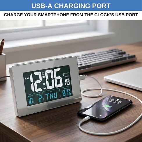 Atomic Digital Clock with Large White Numbers, AC Powered for Continuous Illumination, Alarm & Snooze, Date/Day/Indoor Temperature, USB Charging Port, Desk Clock for Office or Kitchen in Saudi Arabia