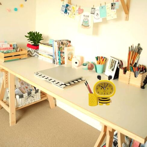 Cute Home Small Table Clock,Pen Holder Alarm Clock Operated for Living Room Decor Desk Shelf （Yellow） ﻿ in Saudi Arabia