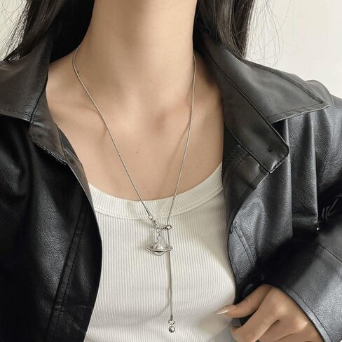 Silver Saturn Lariat Necklace for Women,Small Pearl Saturn Y Necklace,Pearl Thin Chain Long Necklace Fall Jewelry in Kuwait