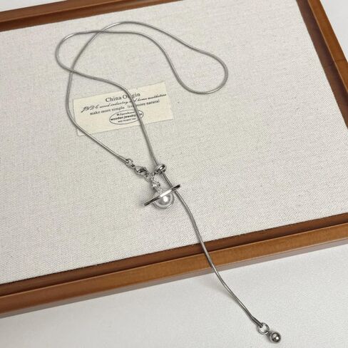 Silver Saturn Lariat Necklace for Women,Small Pearl Saturn Y Necklace,Pearl Thin Chain Long Necklace Fall Jewelry in Kuwait