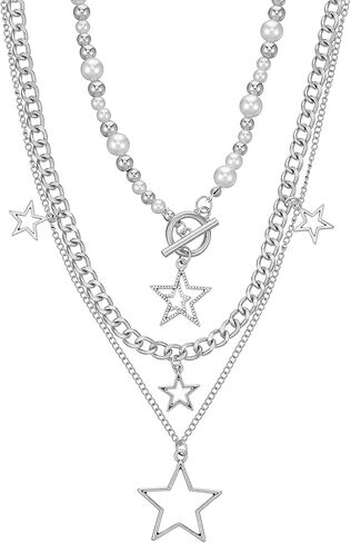 Star Y2k Silver Necklace Stackable Chunky Star Pendant Silver Stars Chain Choker Grunge Layered Necklace Fashion Punk Gothic Vintage Aesthetic Emo Jewelry Set Accessories for Women in Kuwait