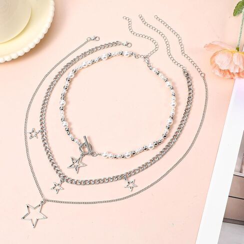 Star Y2k Silver Necklace Stackable Chunky Star Pendant Silver Stars Chain Choker Grunge Layered Necklace Fashion Punk Gothic Vintage Aesthetic Emo Jewelry Set Accessories for Women in Kuwait