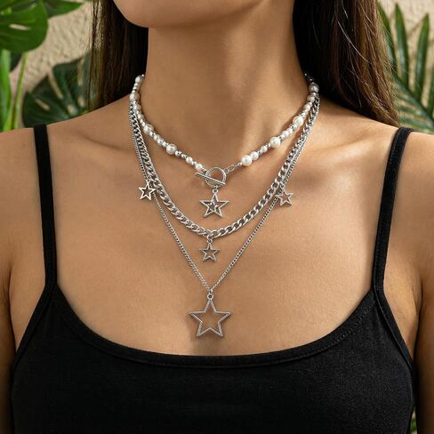 Star Y2k Silver Necklace Stackable Chunky Star Pendant Silver Stars Chain Choker Grunge Layered Necklace Fashion Punk Gothic Vintage Aesthetic Emo Jewelry Set Accessories for Women in Kuwait