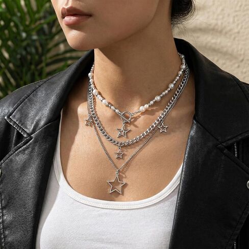 Star Y2k Silver Necklace Stackable Chunky Star Pendant Silver Stars Chain Choker Grunge Layered Necklace Fashion Punk Gothic Vintage Aesthetic Emo Jewelry Set Accessories for Women in Kuwait