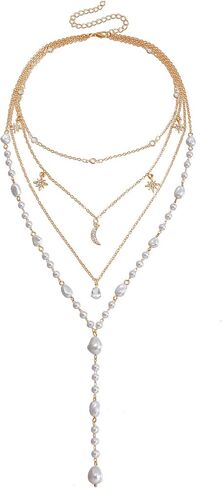 Layered Gold Pearl Lariat Necklace for Women Multi Strand Y Chain with Moon Star Charms Adjustable Statement Fashion Jewelry for Party Wedding Gift in Saudi Arabia