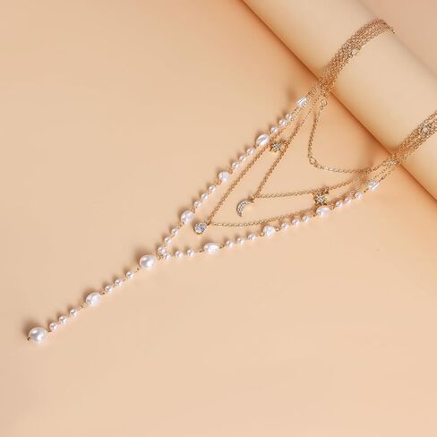 Layered Gold Pearl Lariat Necklace for Women Multi Strand Y Chain with Moon Star Charms Adjustable Statement Fashion Jewelry for Party Wedding Gift in Saudi Arabia