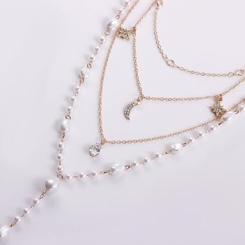 Layered Gold Pearl Lariat Necklace for Women Multi Strand Y Chain with Moon Star Charms Adjustable Statement Fashion Jewelry for Party Wedding Gift in Saudi Arabia